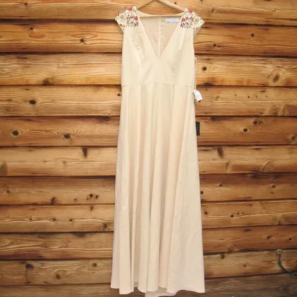 Mac Duggal 26540 Ieena Beaded Cap Sleeve V Neck A Line Gown Dress Cream Size 4 - Picture 6 of 16